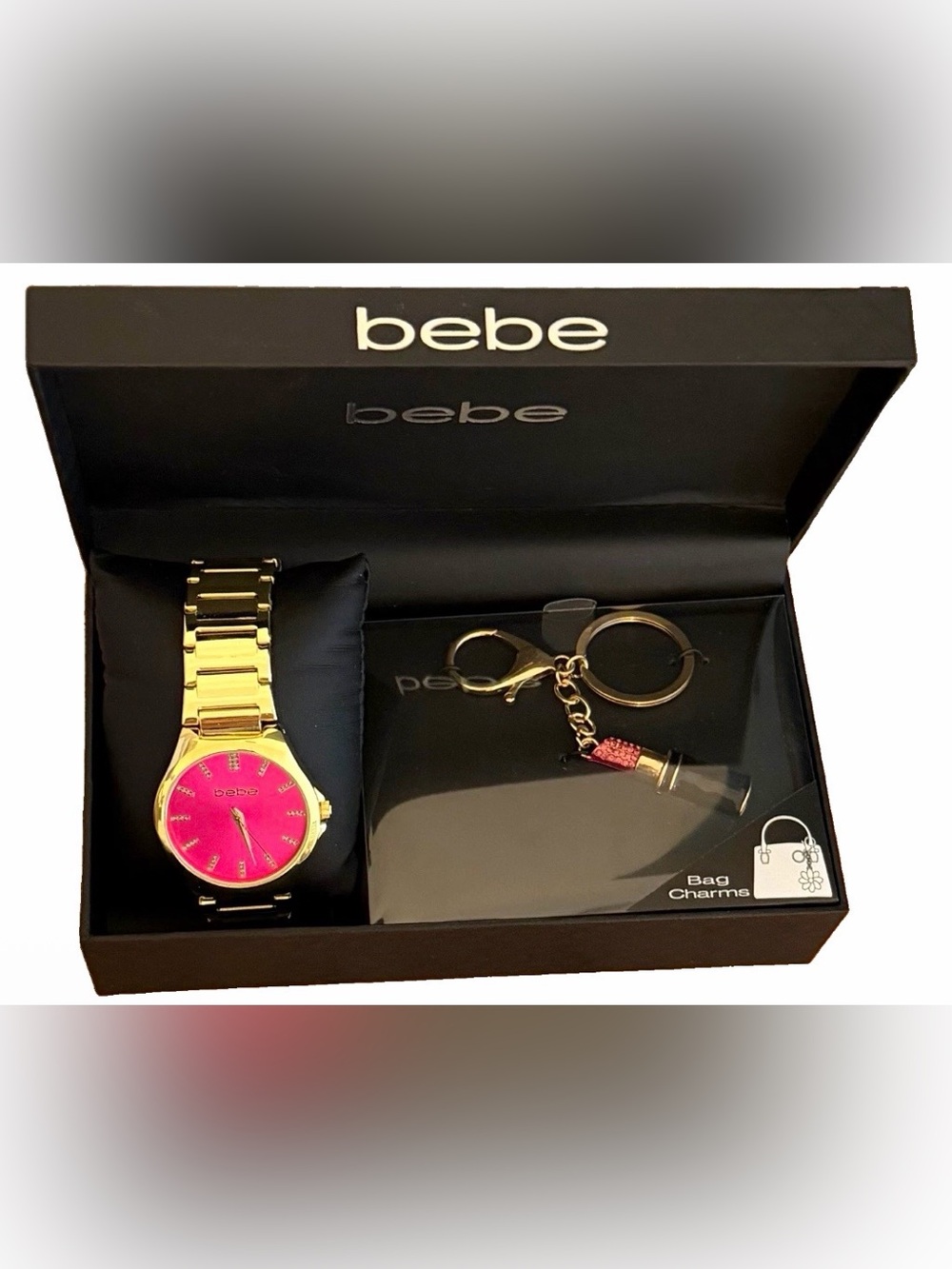 bebe Gold Watch with Hot Pink Dial and Lipstick Bag Charm NWT